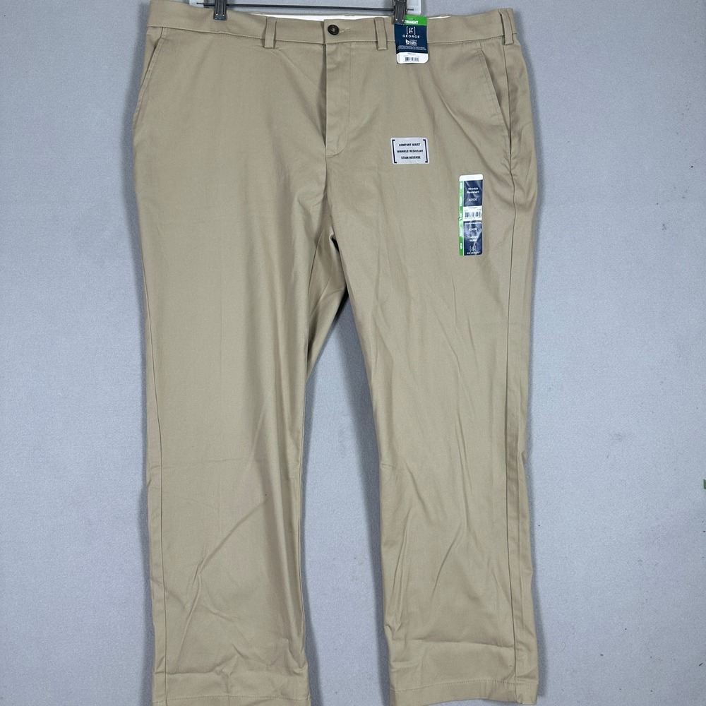 NEW George Pants Mens 42X30 Premium Khaki Tan Straight Flat Front Chino Stretch